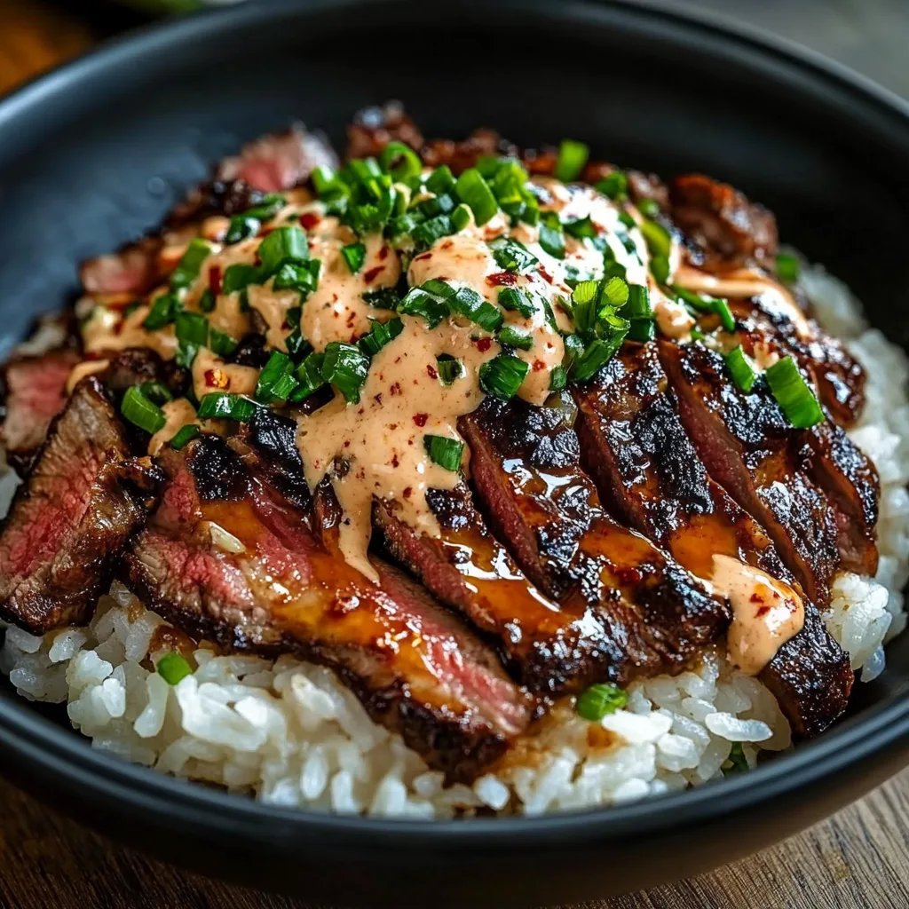 Korean BBQ Steak Rice Bowls with Spicy Cream Sauce